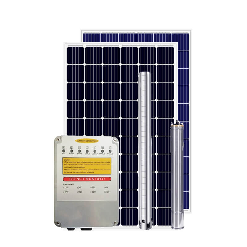 Zasilana energią słoneczną pompa wody zasilana prądem stałym przez panel słoneczny
