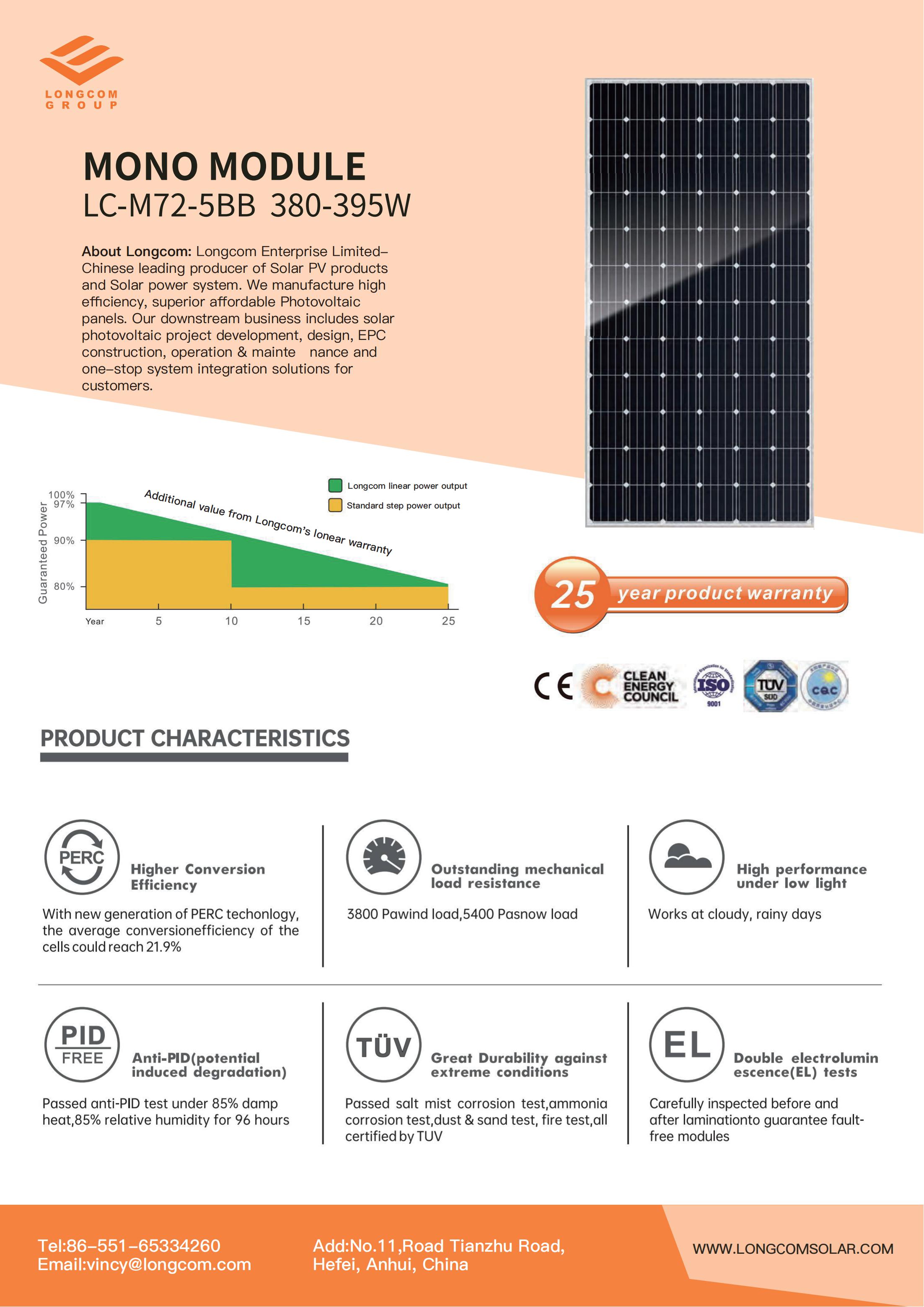 Panel słoneczny o wysokiej wydajności 380 W Mono