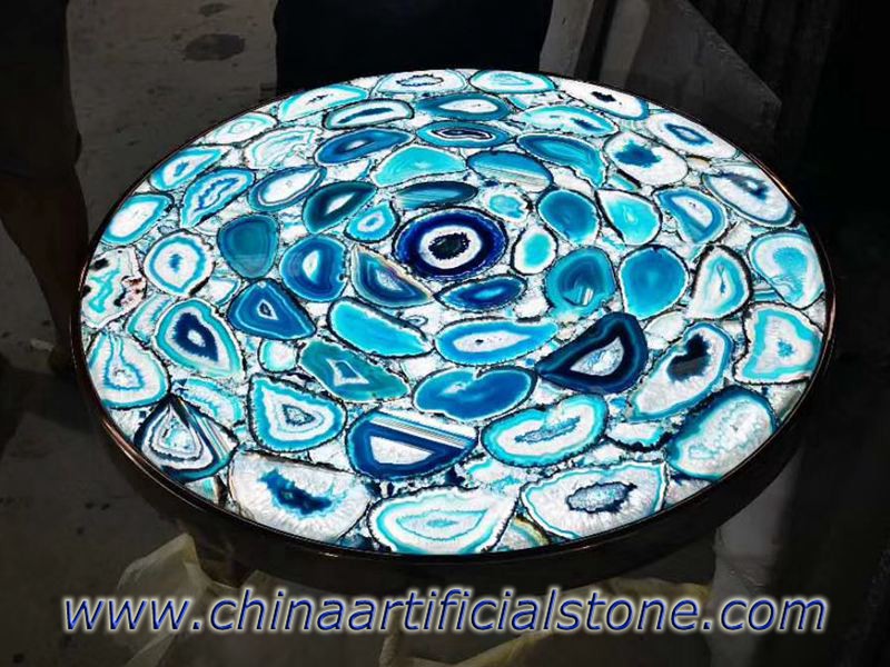 Okrągły stół z niebieskiego agatu z podświetleniem