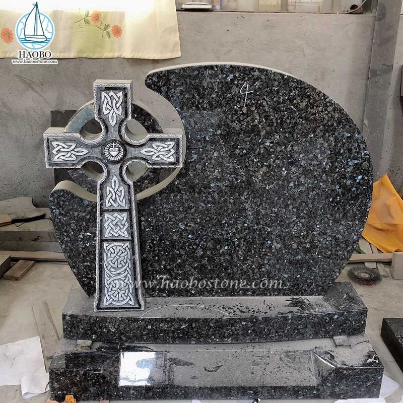Granitowy krzyż celtycki z niebieskiej perły, rzeźbiony nagrobek pogrzebowy
