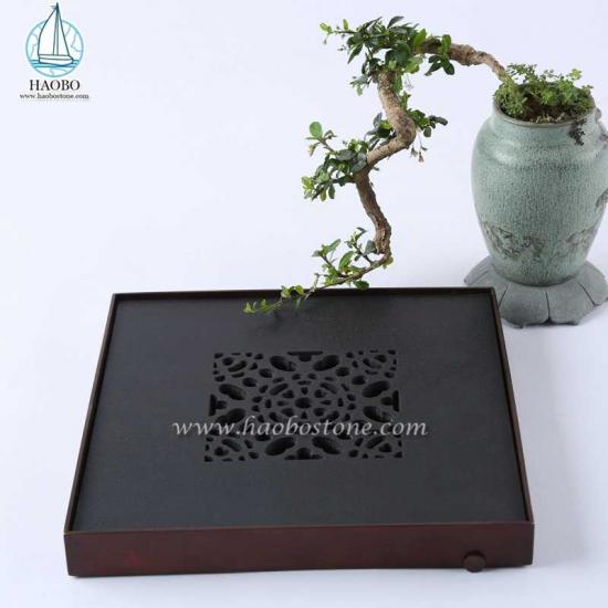 Black Granite China Design Hollow Carving Square Stone Tea Tray
