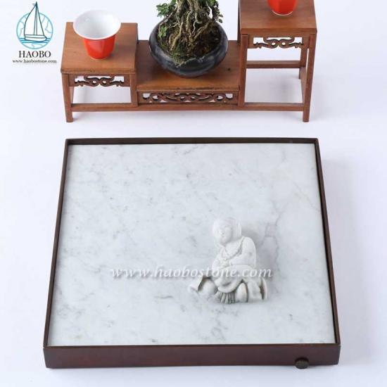 Biała marmurowa buddyjska rzeźba kwadratowa kamienna taca na herbatę
