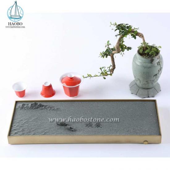 Szara granitowa kamienna prostokątna rzeźbiona taca na herbatę
